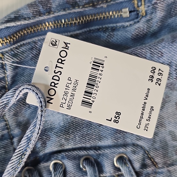 NWT PTCL Medium Wash Drawstring Front Flower Print Denim Miniskirt  Large - Picture 9 of 14